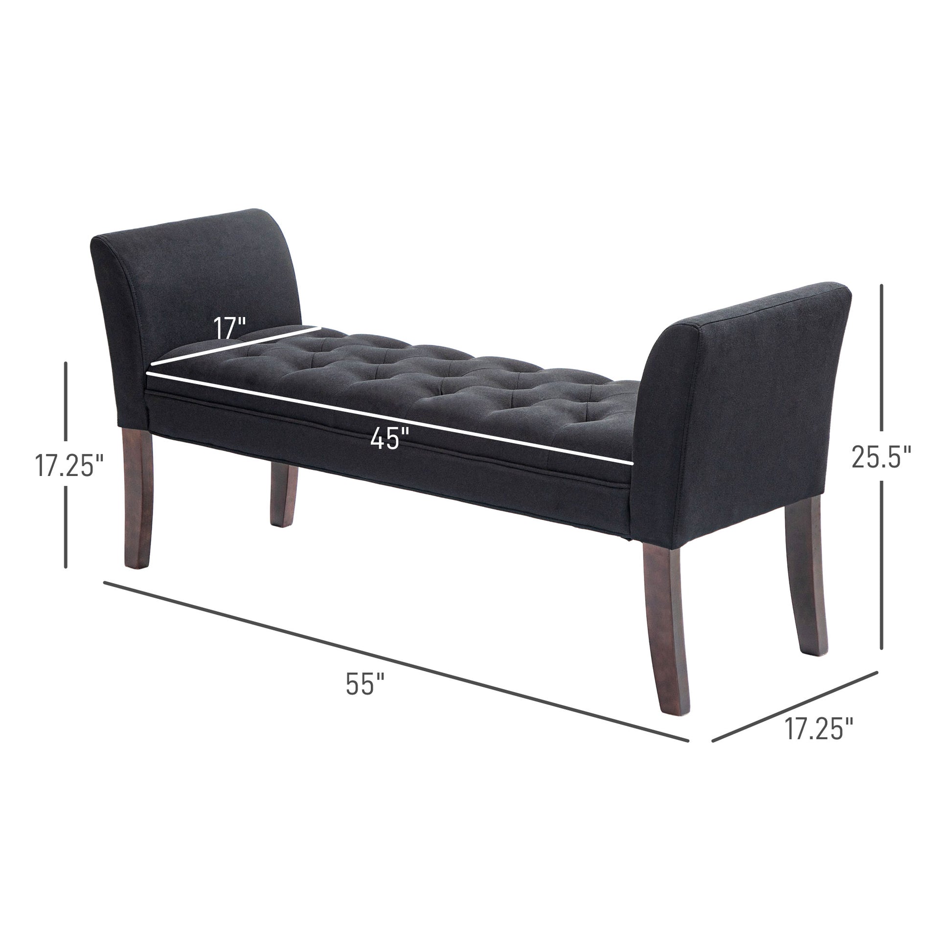 Dark grey upholstered tufted bench with wooden legs