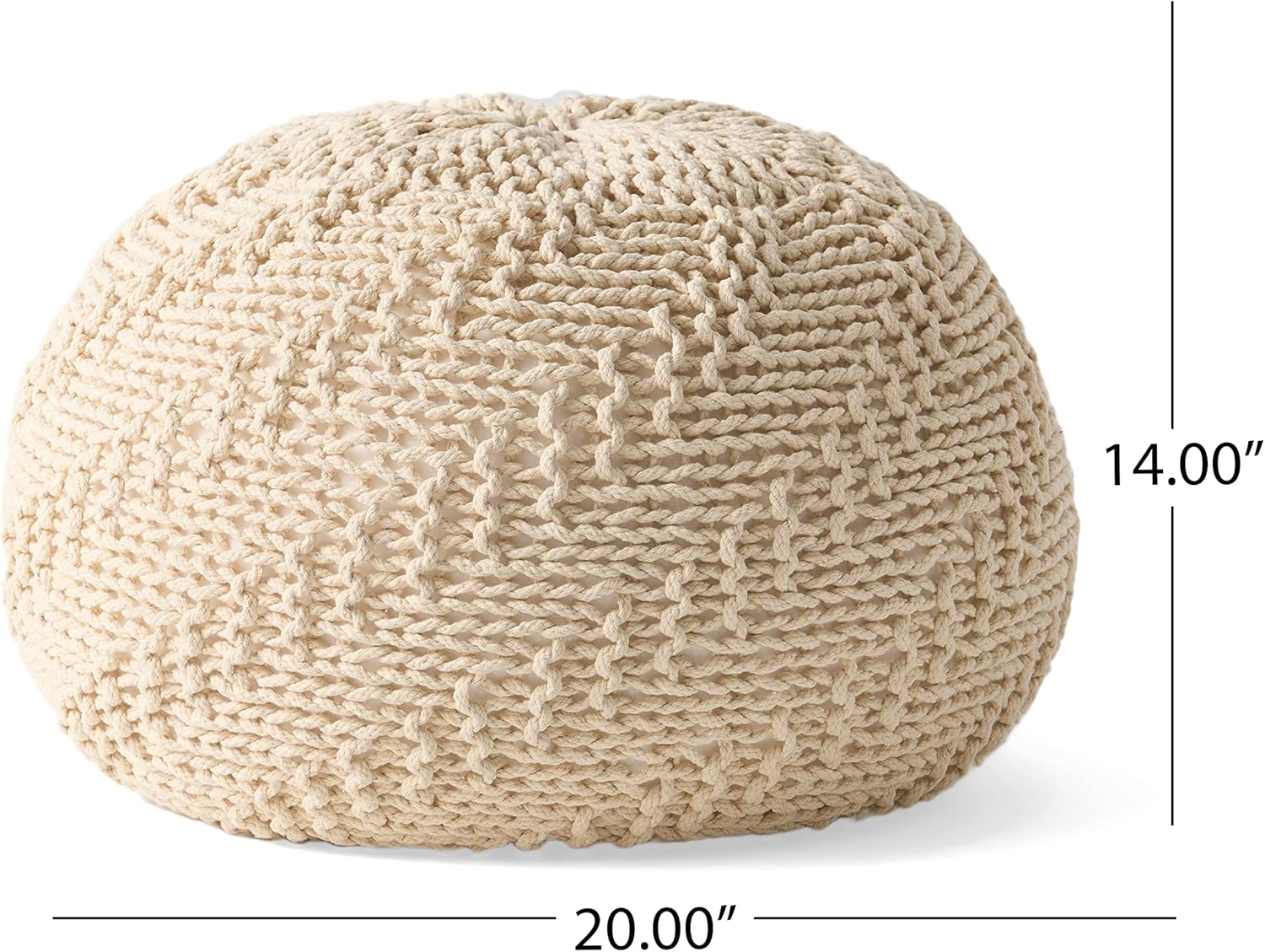 Round beige knit pouf ottoman with woven diamond pattern