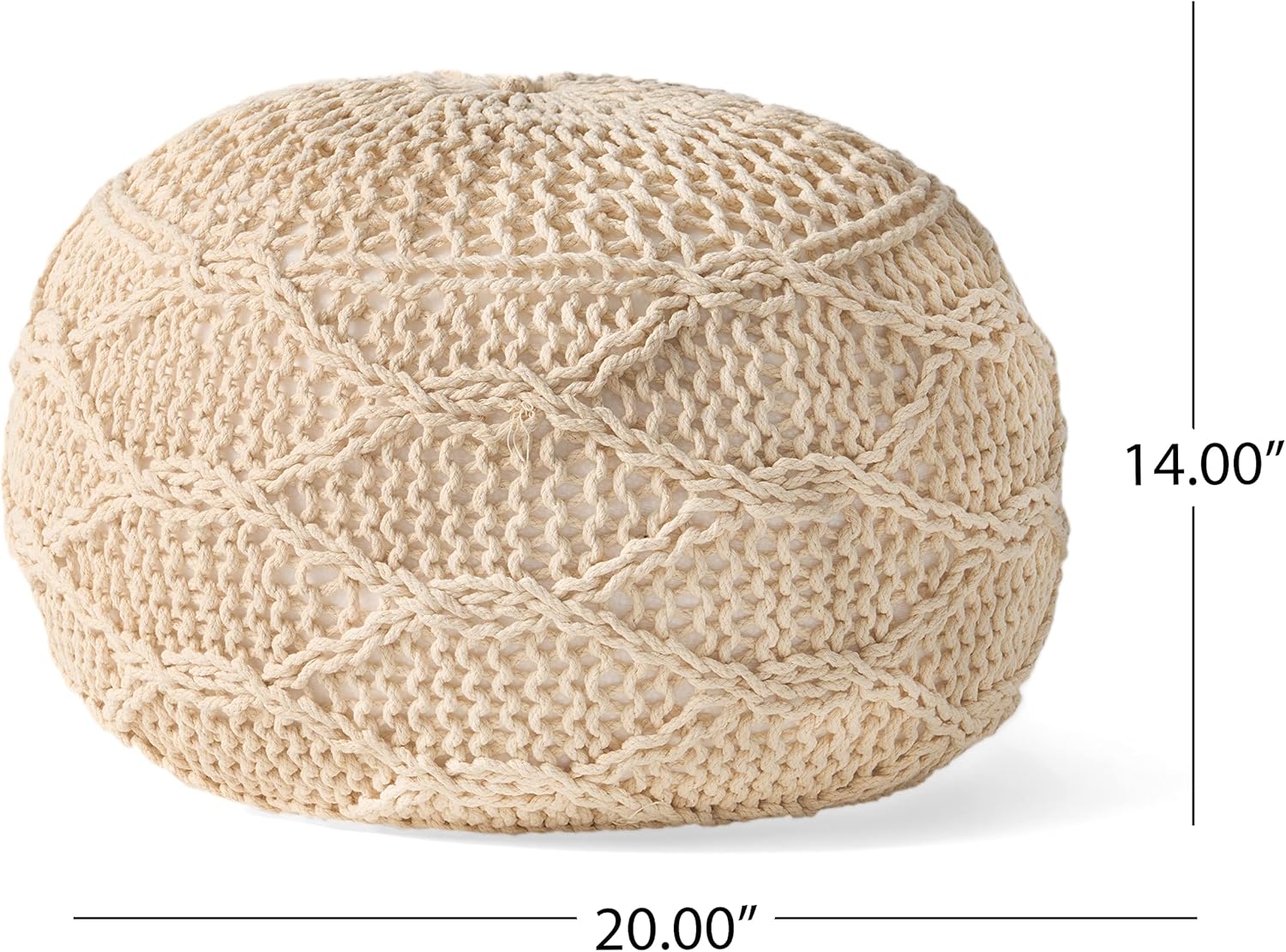 Round woven pouf in natural beige crafted from chunky yarn with diamond stitch pattern