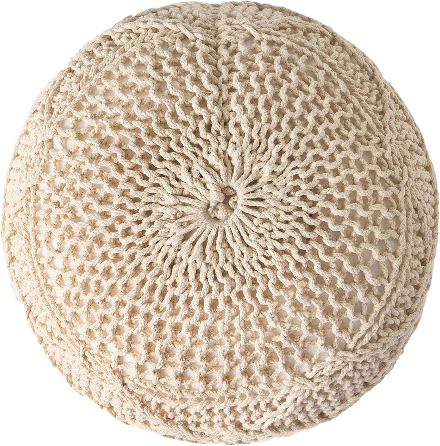 Cream macrame pouf with intricate netlike stitching perfect for bohemian decor