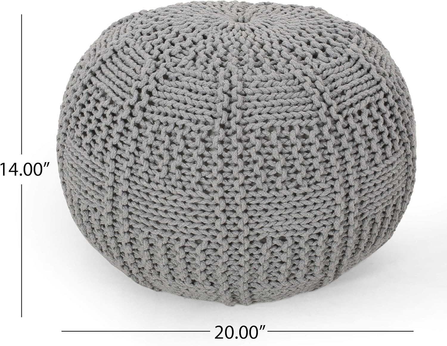 Round gray knit pouf with textured geometric pattern ideal for footrest