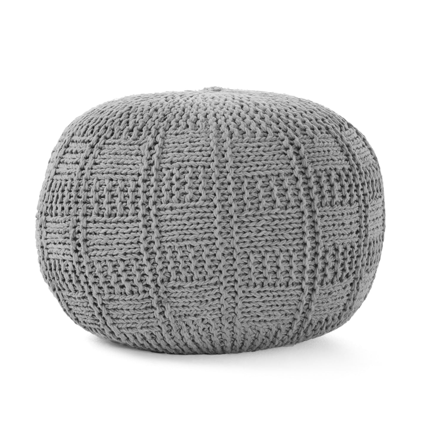 Round grey knitted pouf with textured basketweave design ideal accent seating
