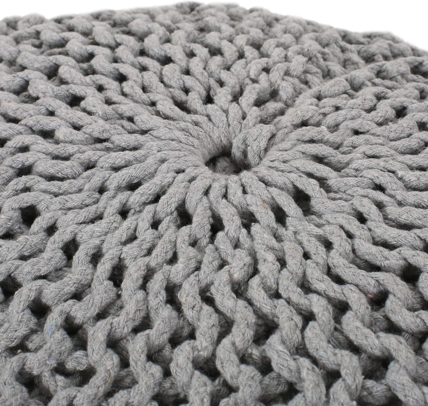 Textured grey knitted pouf with a thick yarn weave perfect for footrest