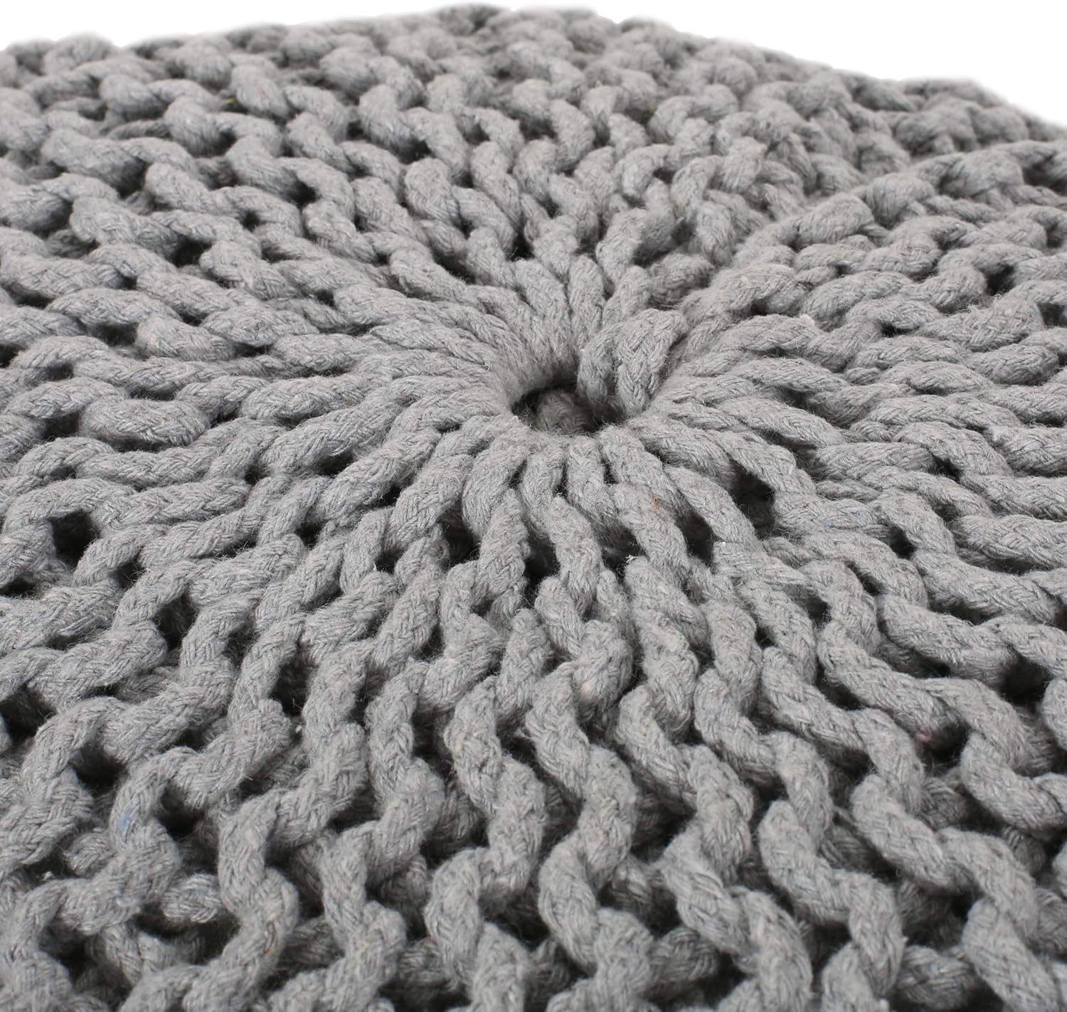 Textured grey knitted pouf with a thick yarn weave perfect for footrest