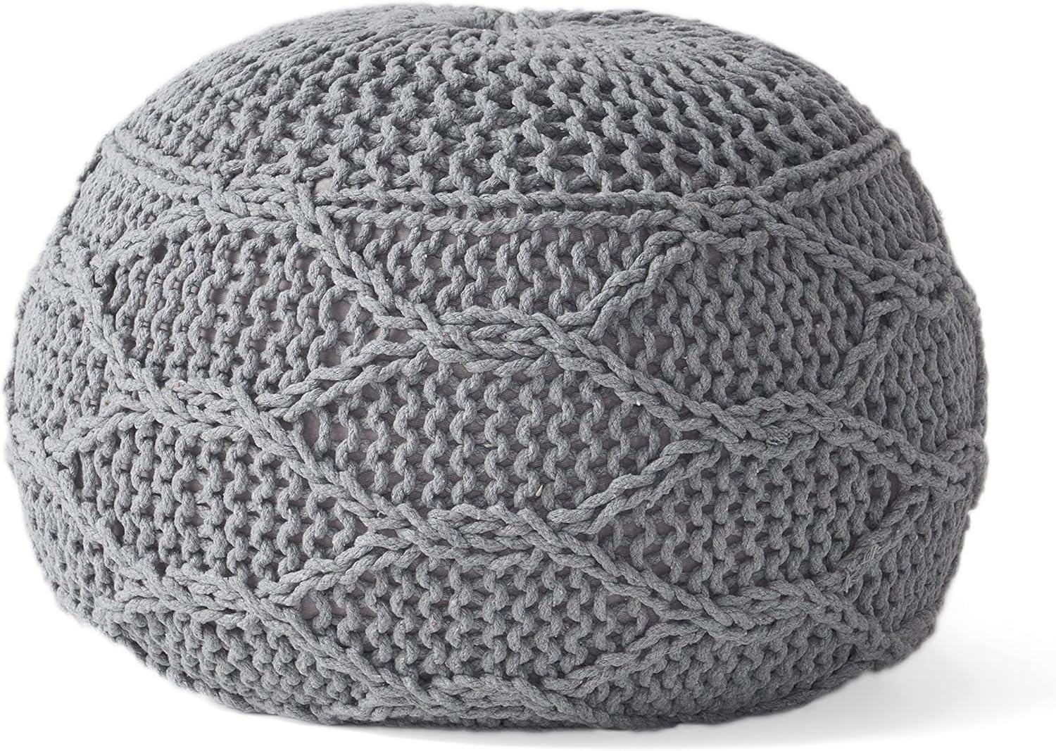 Grey knitted pouf with diamond pattern for footrest or casual seating