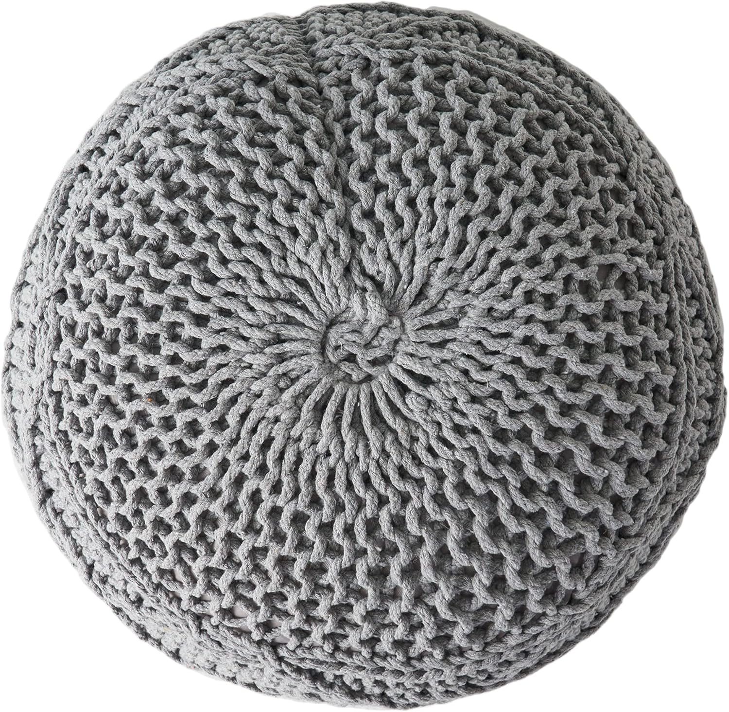 Textured grey knit pouf with a circular woven pattern for stylish footrest