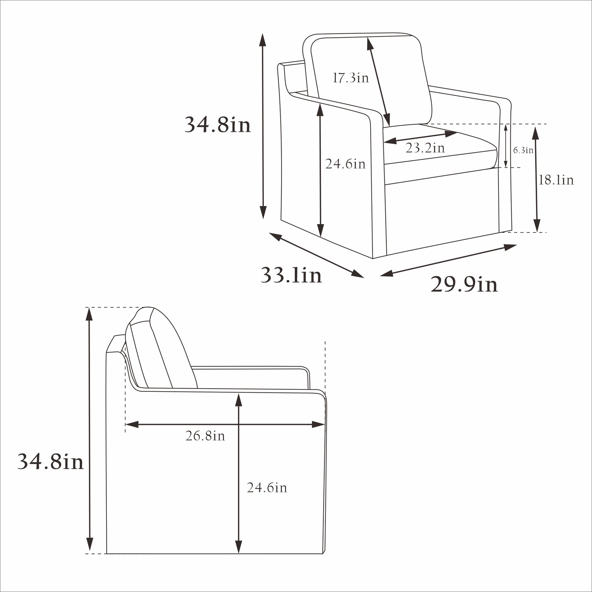 Line drawing of a modern armchair with dimensions in H x in W x in D for scale