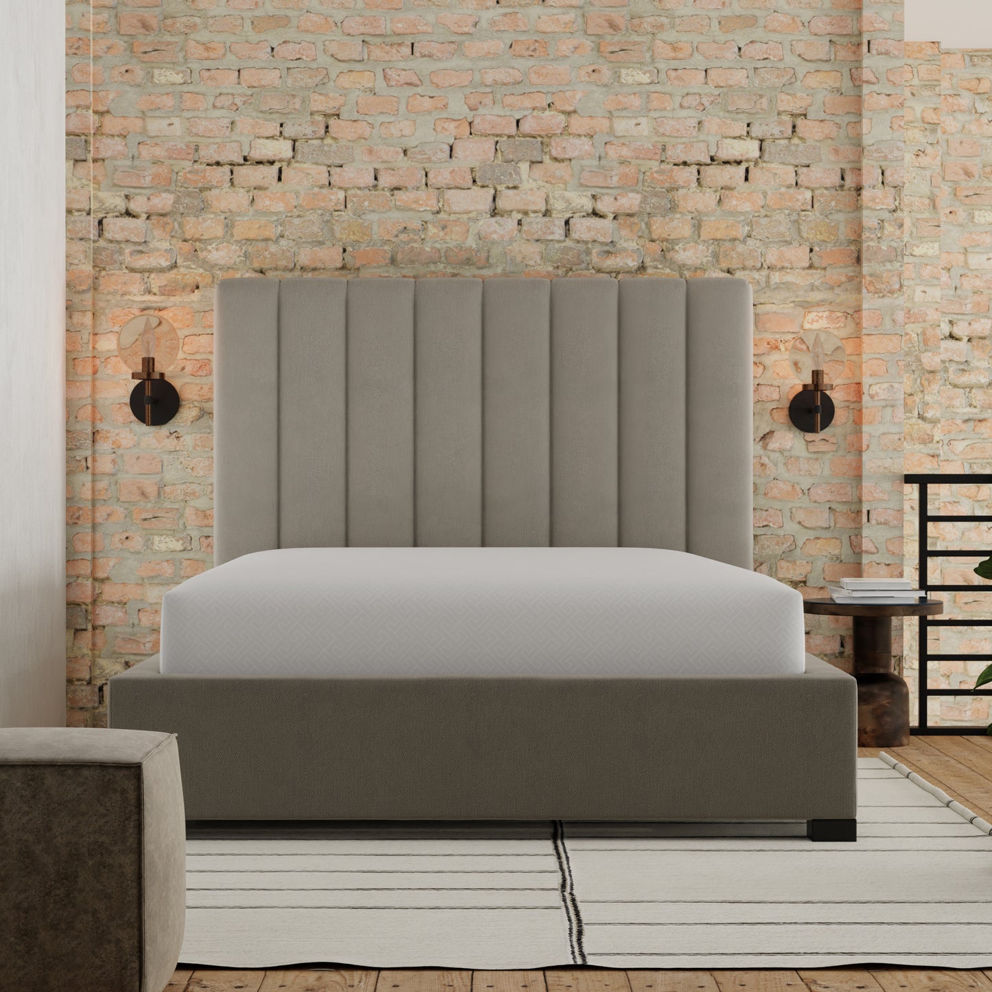 Modern platform bed with upholstered grey headboard and matching frame