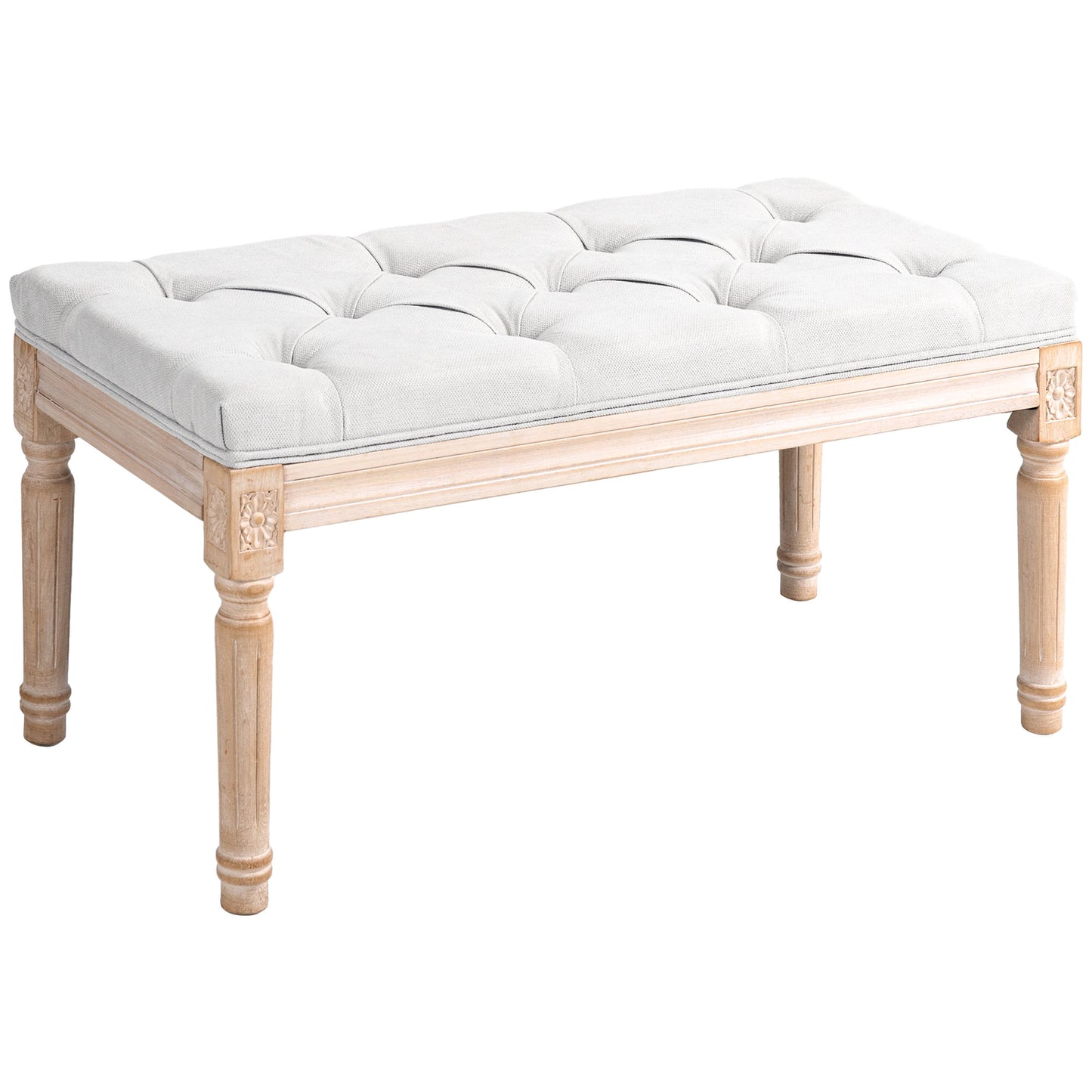 Tufted upholstered bench with light wood frame and carved details