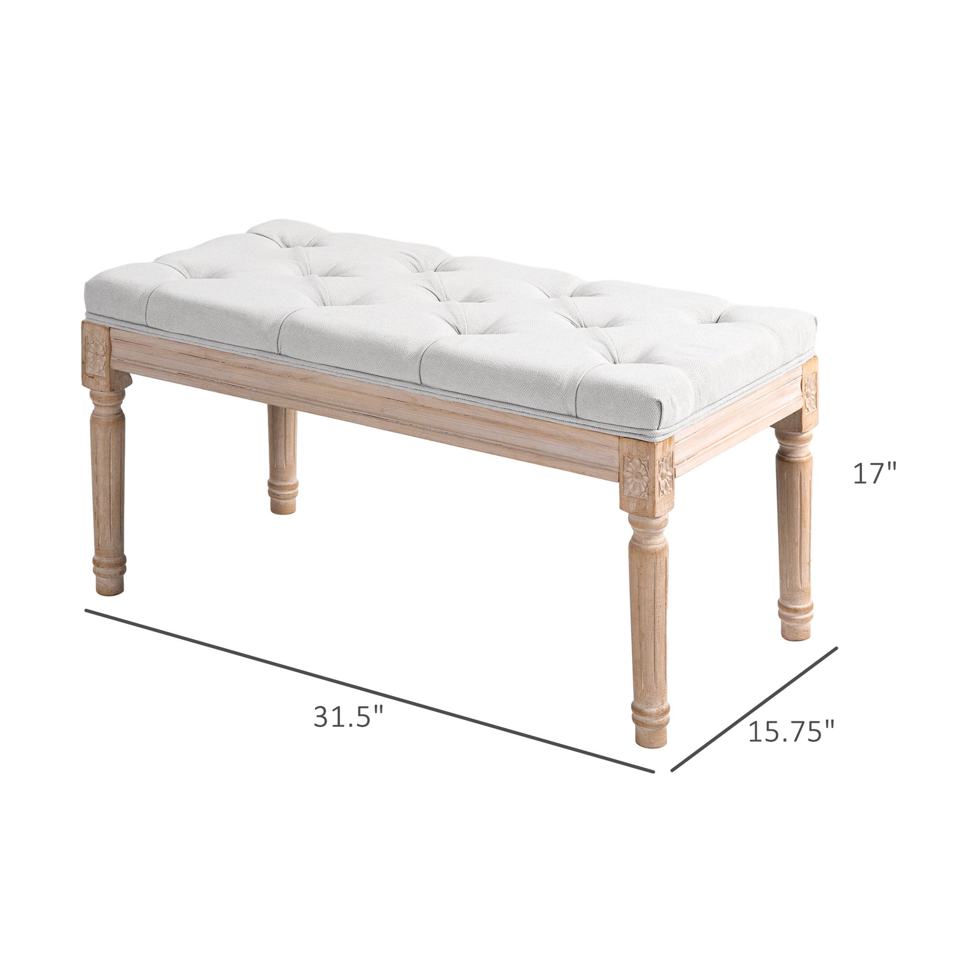 Tufted light gray linen upholstered bench with carved distressed wood legs