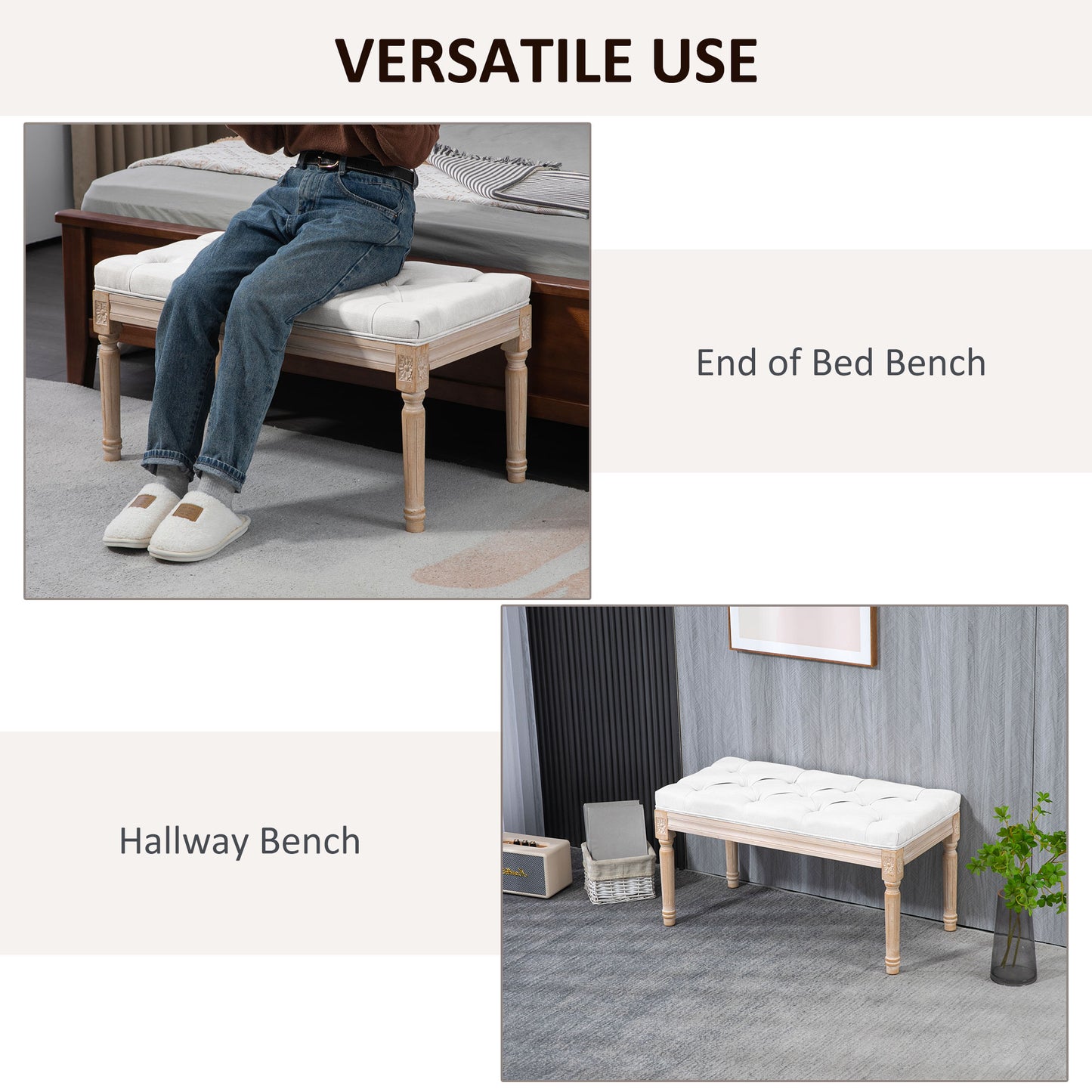 Tufted white fabric bench with carved wooden legs ideal as an end of bed bench