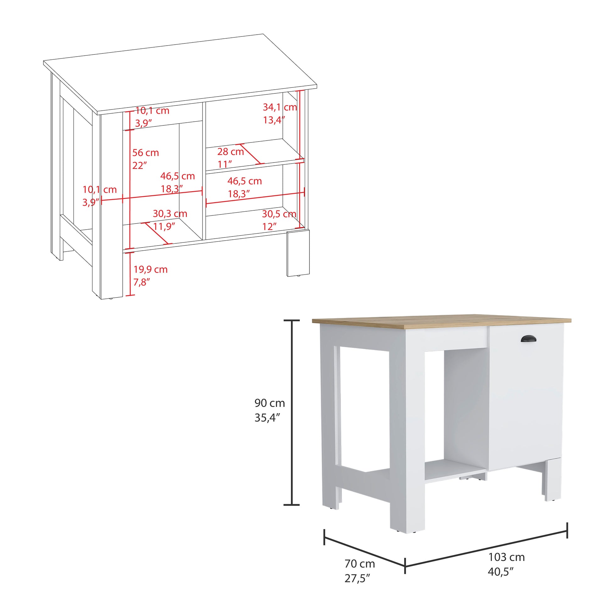 White kitchen island with wood top and single drawer dimensions provided