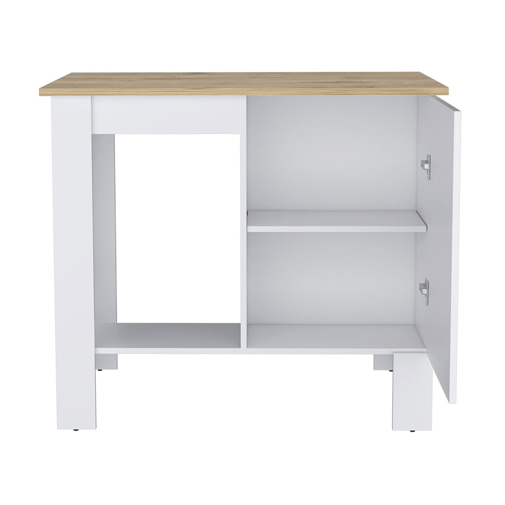 White and oak bedside table with open shelf and single cabinet door