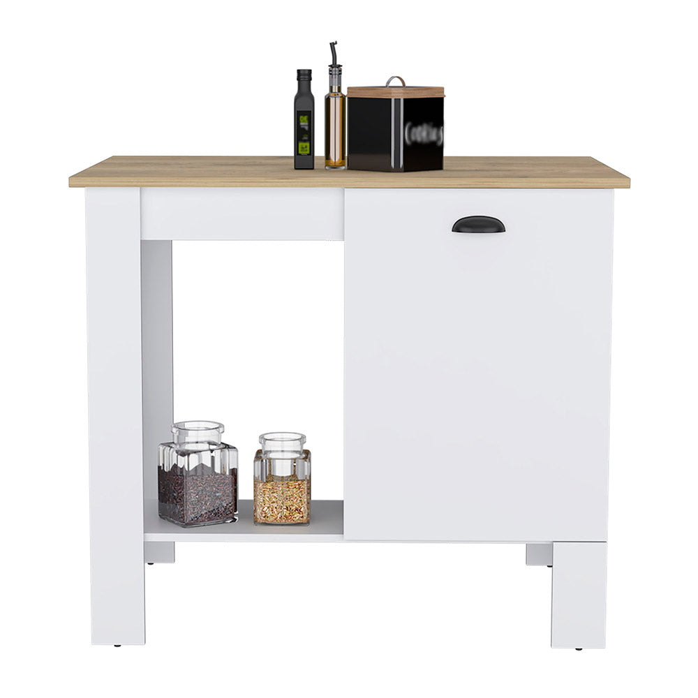 White kitchen island with woodgrain top and open shelf holding two spice jars