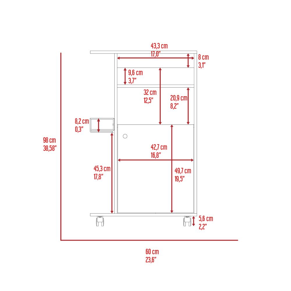 Product dimensions diagram for a white shelving unit with drawers