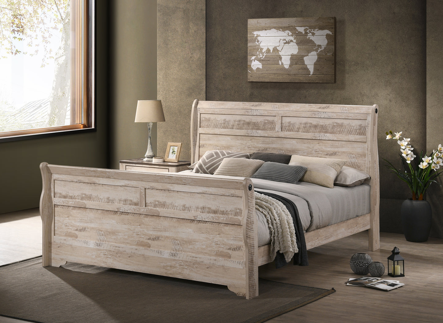 Rustic white wood king bed frame with upholstered headboard and footboard