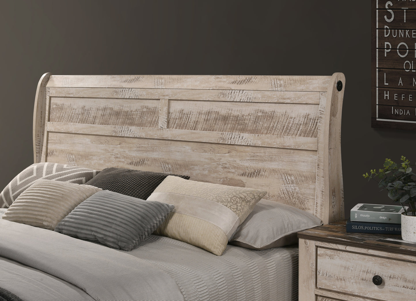 Rustic whitewashed wood headboard with curved sides