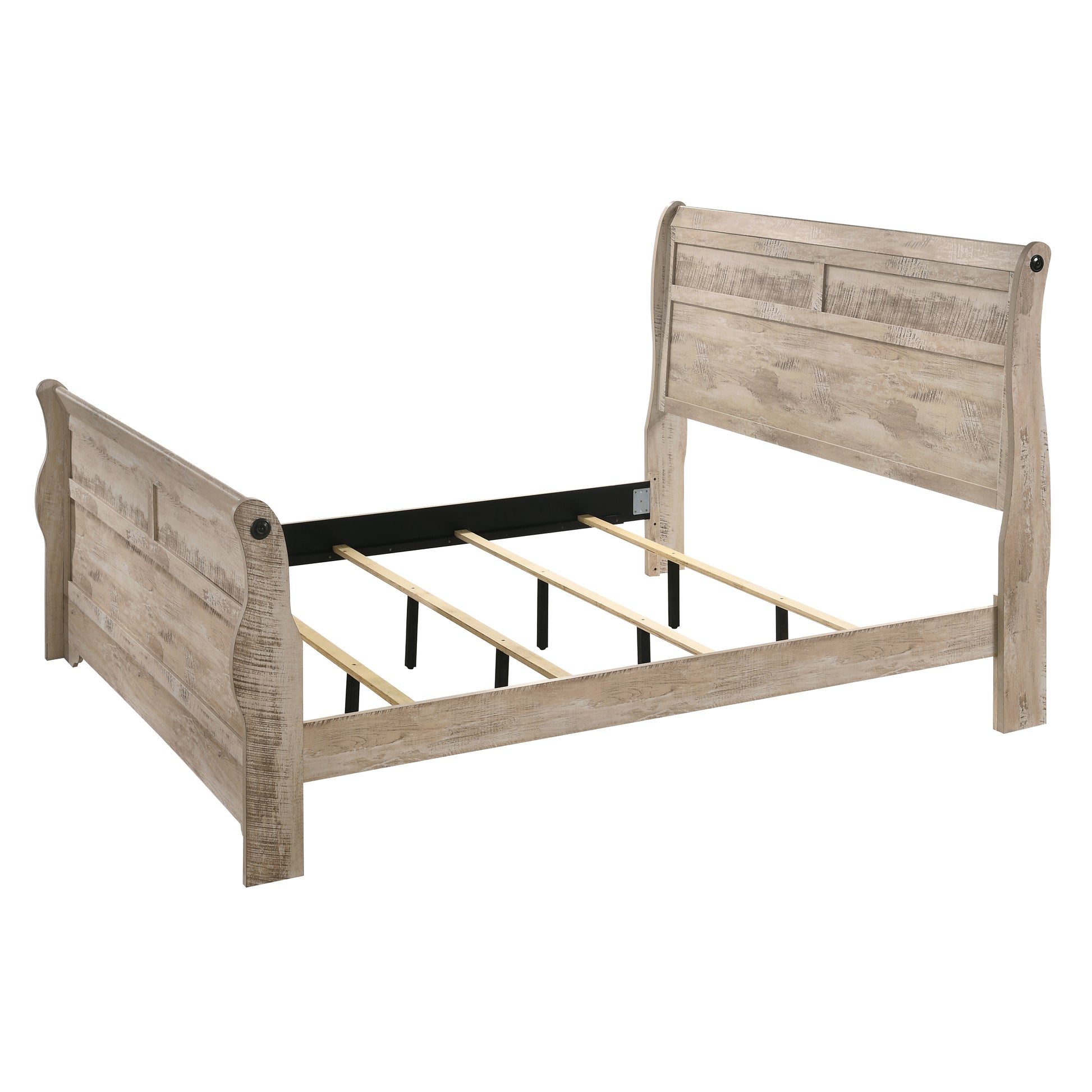 Distressed white wood sleigh bed frame with curved headboard and footboard