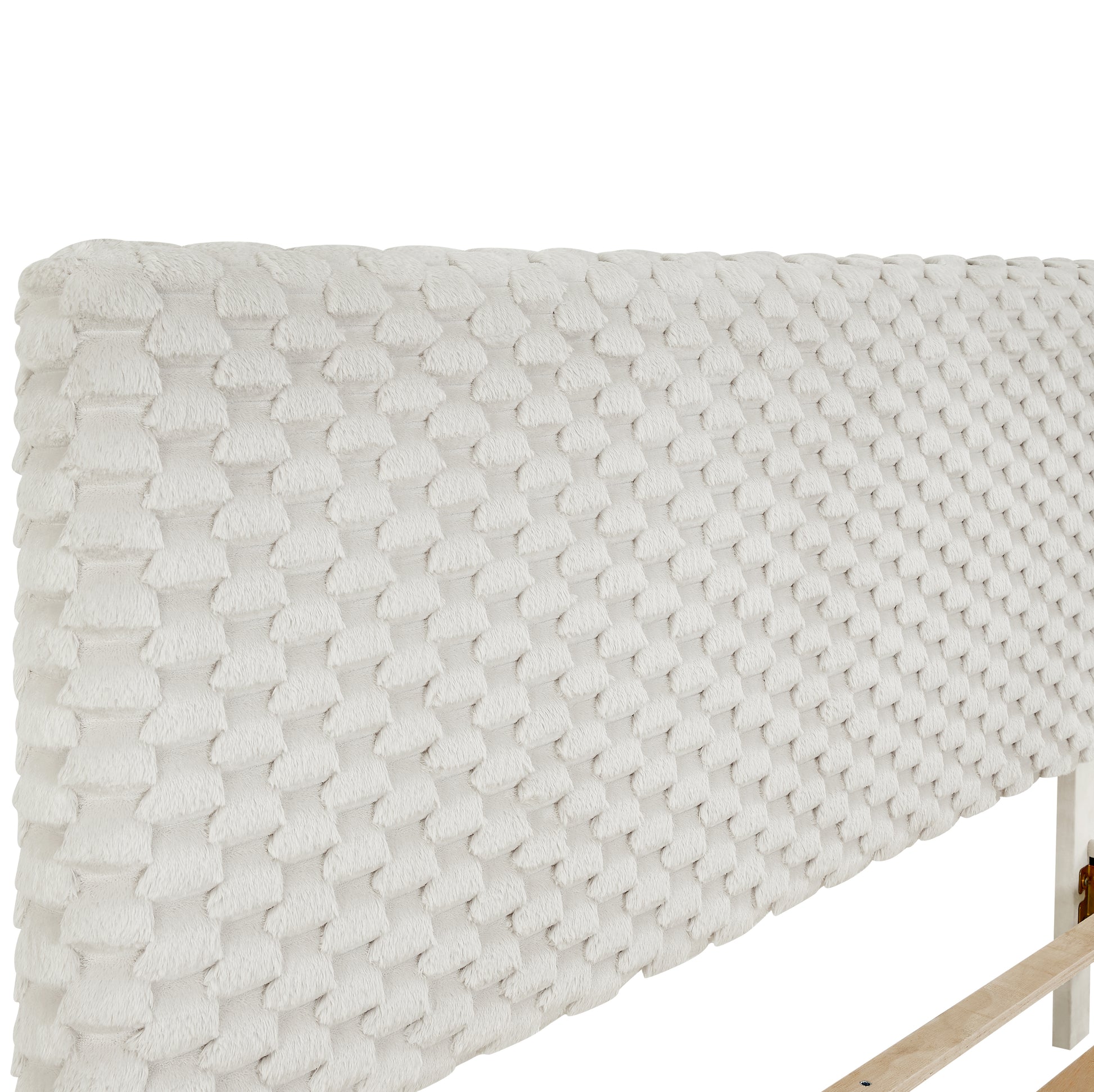 Cream plush fabric headboard with quilted diamond pattern