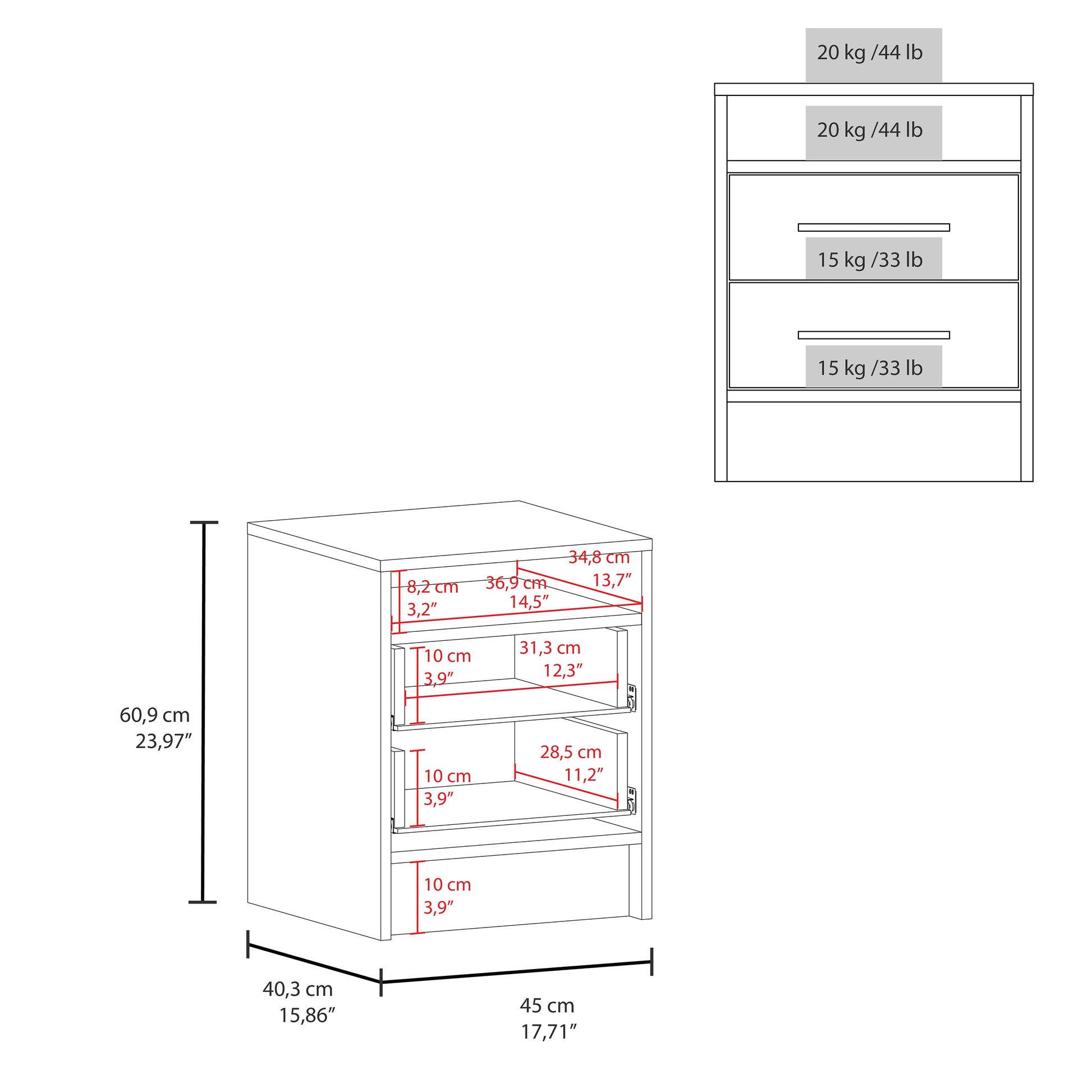 Line drawing of a white nightstand with three drawers showing dimensions