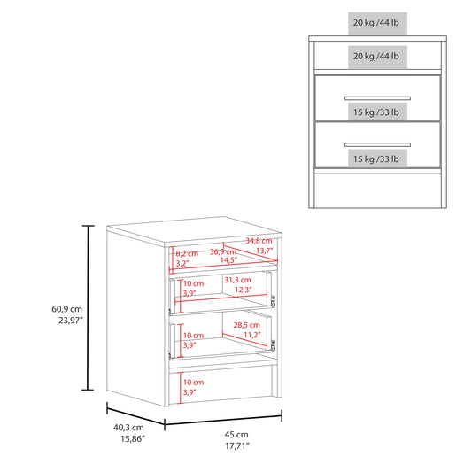 Line drawing of a white nightstand with three drawers showing dimensions