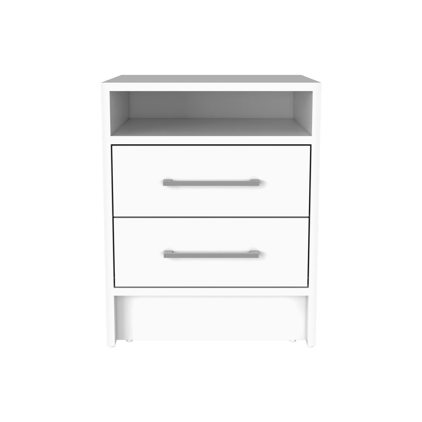 Modern white bedside table with two drawers and an open shelf