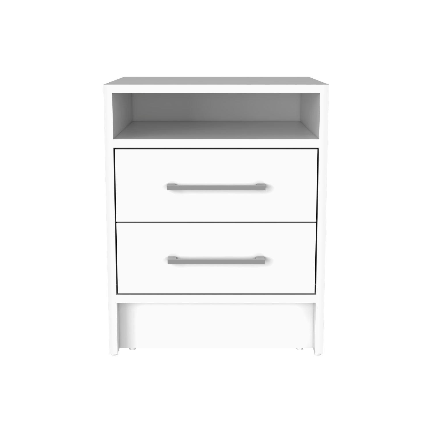 Modern white bedside table with two drawers and an open shelf
