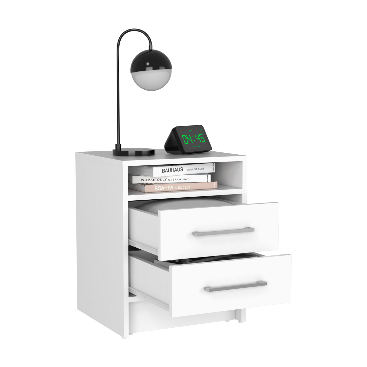 White modern nightstand with two drawers open shelf and silver handles
