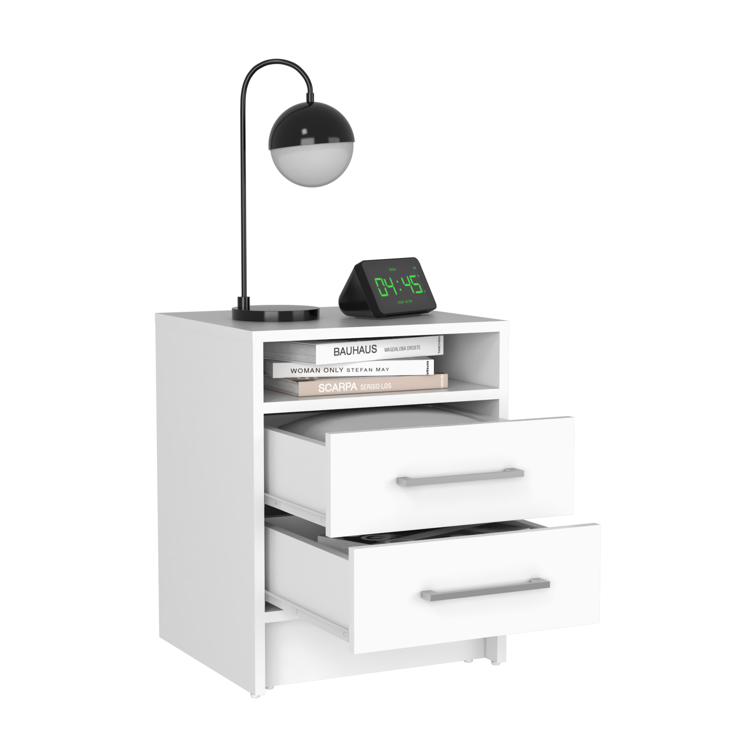 White modern nightstand with two drawers open shelf and silver handles