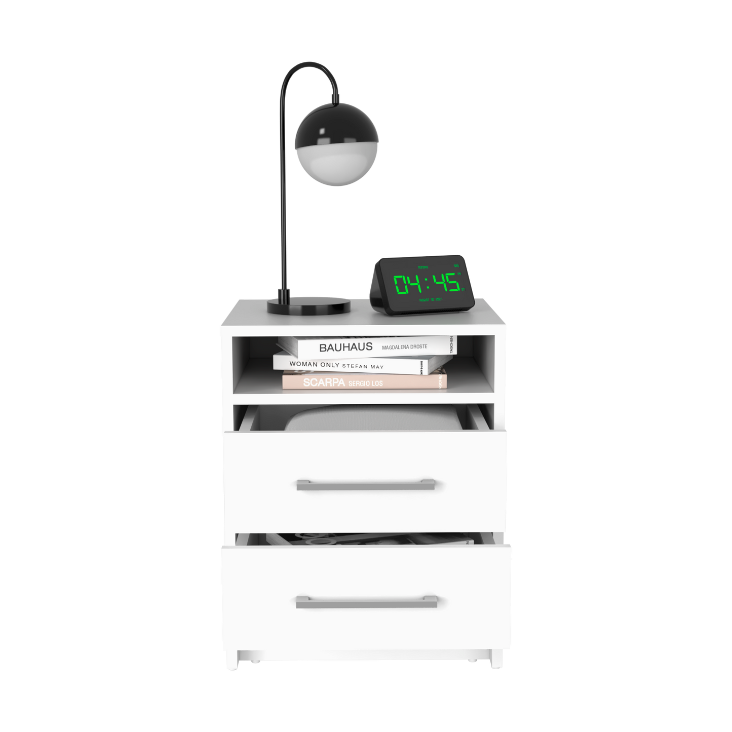 Modern black and white globe table lamp on a white nightstand