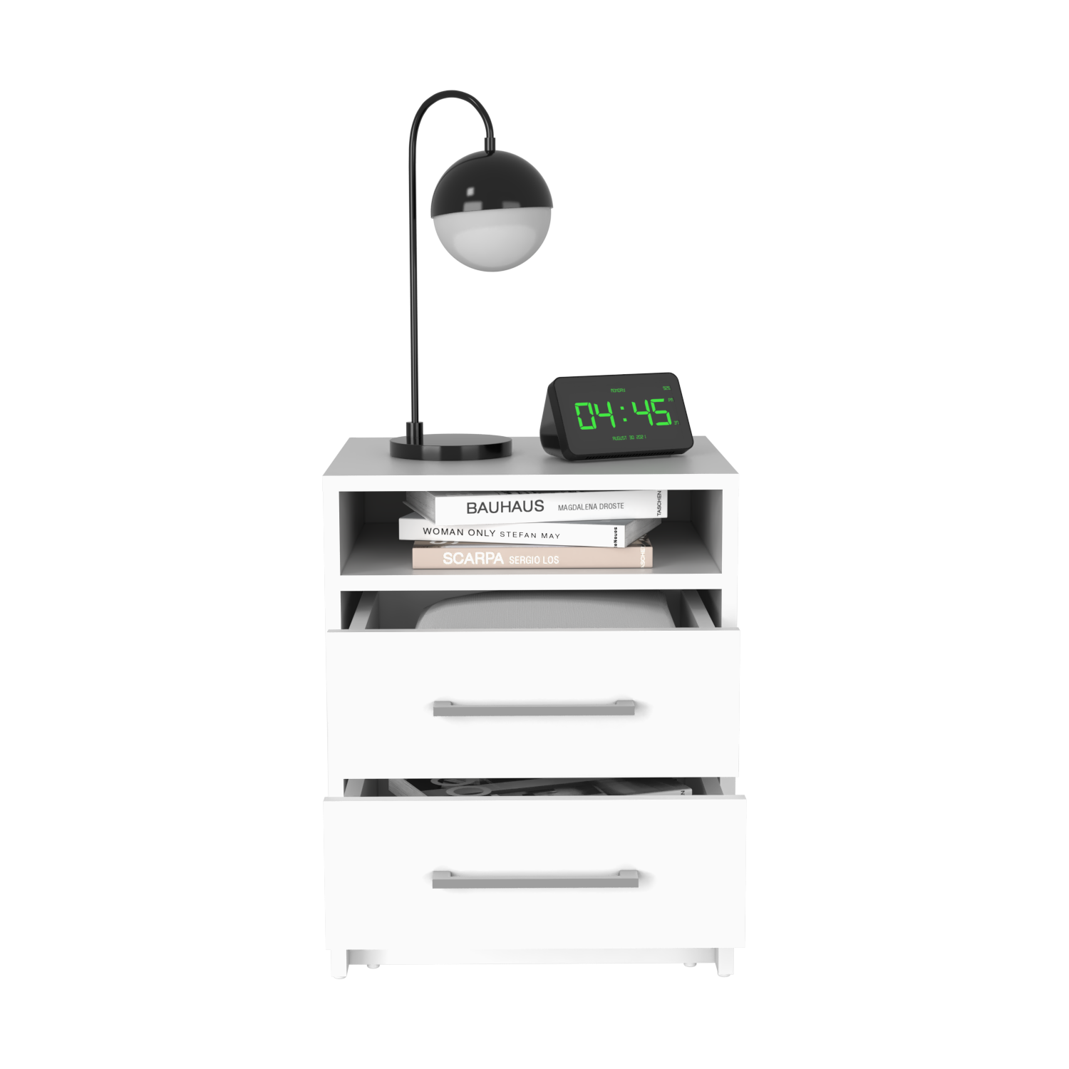Modern black and white globe table lamp on a white nightstand