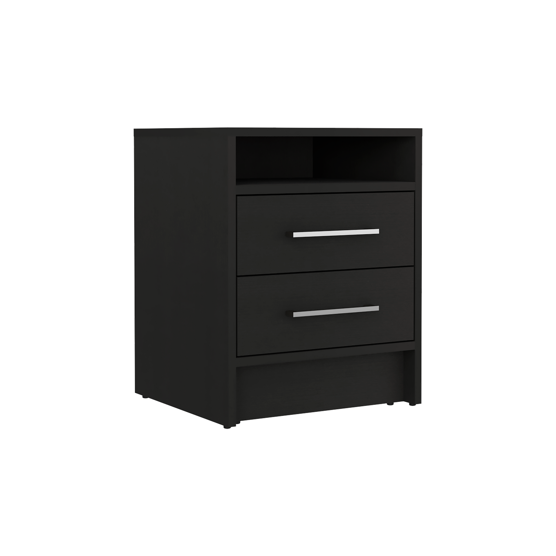 Sleek black bedside table with two drawers and an open shelf
