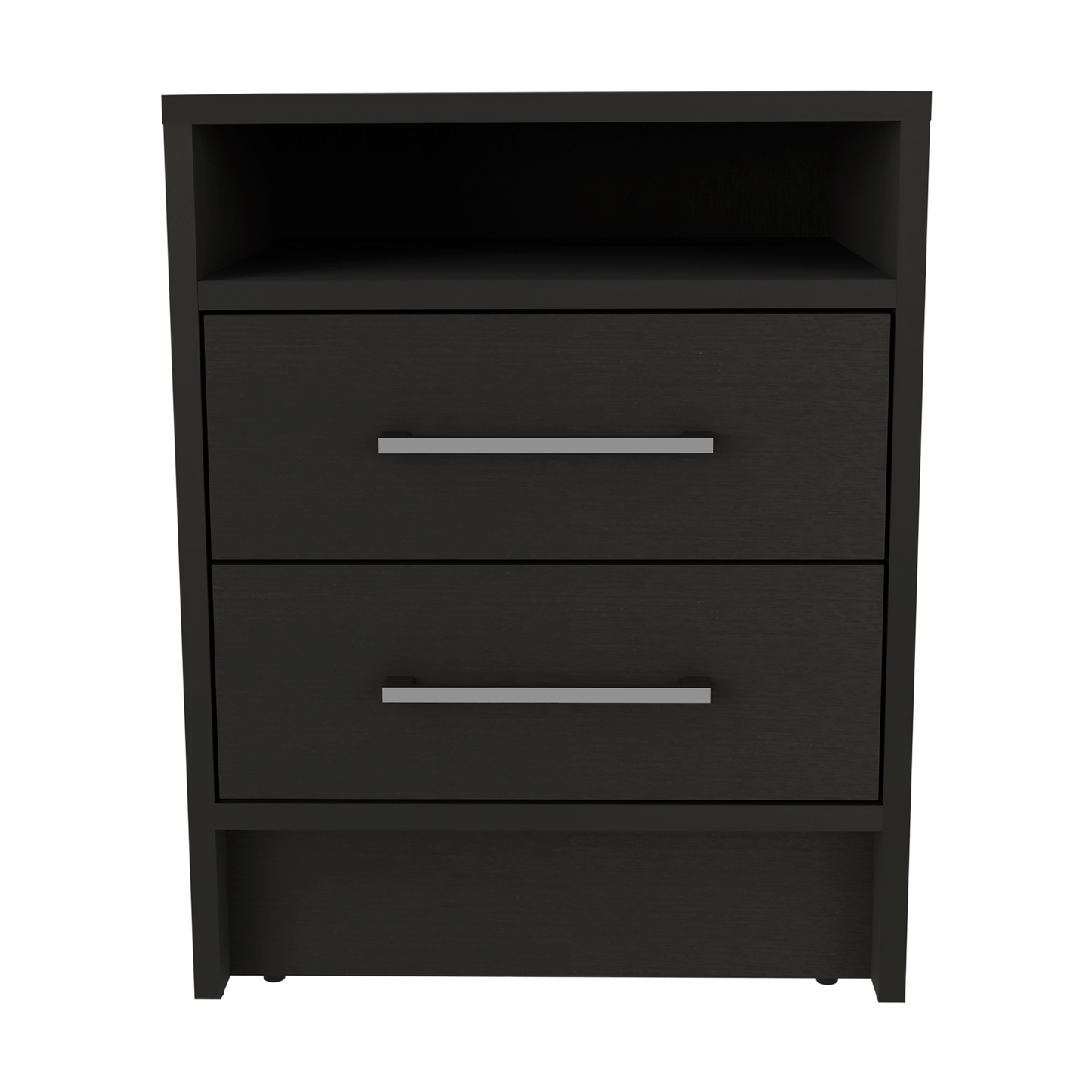 Black twodrawer nightstand with open shelf and brushed nickel handles