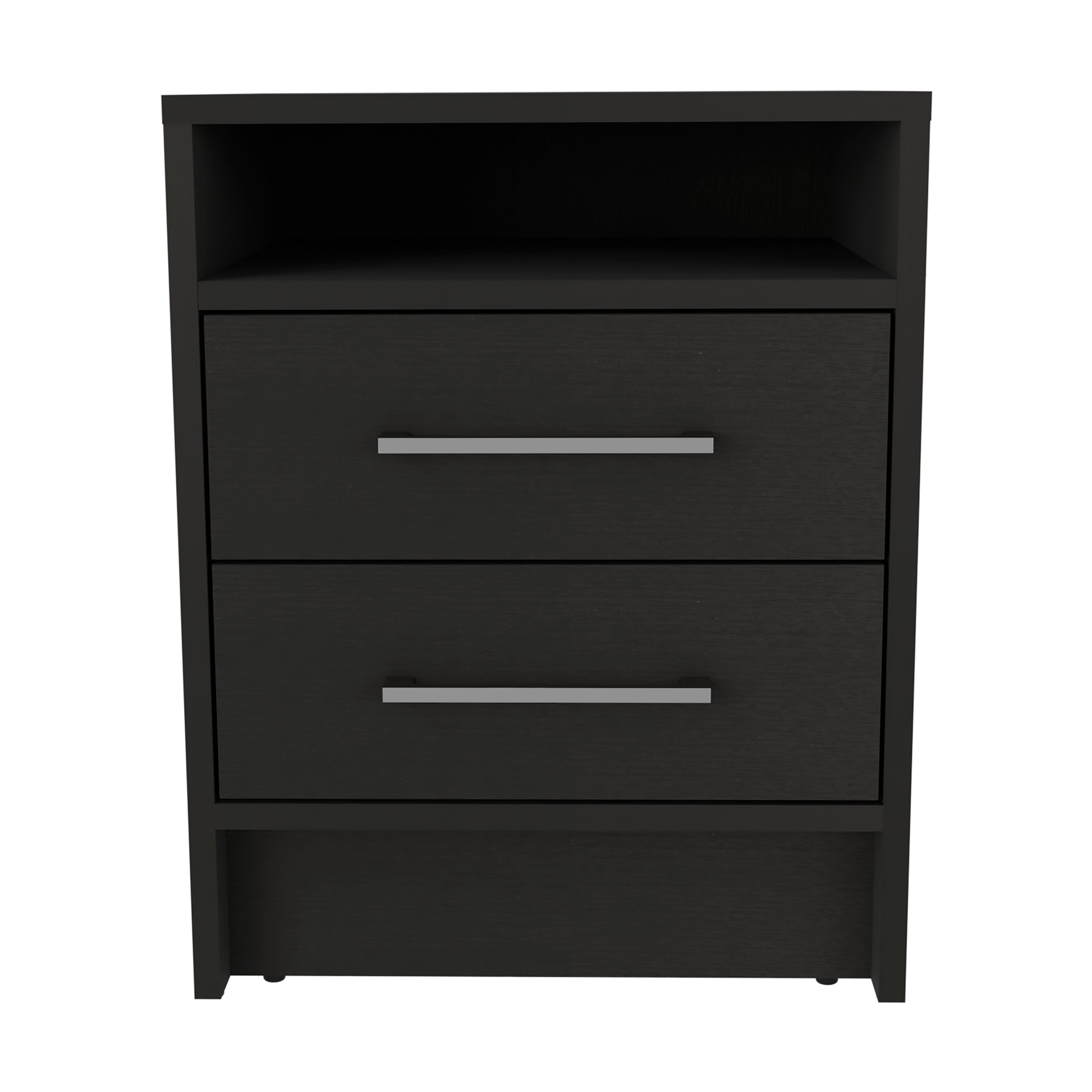 Black twodrawer nightstand with open shelf and brushed nickel handles