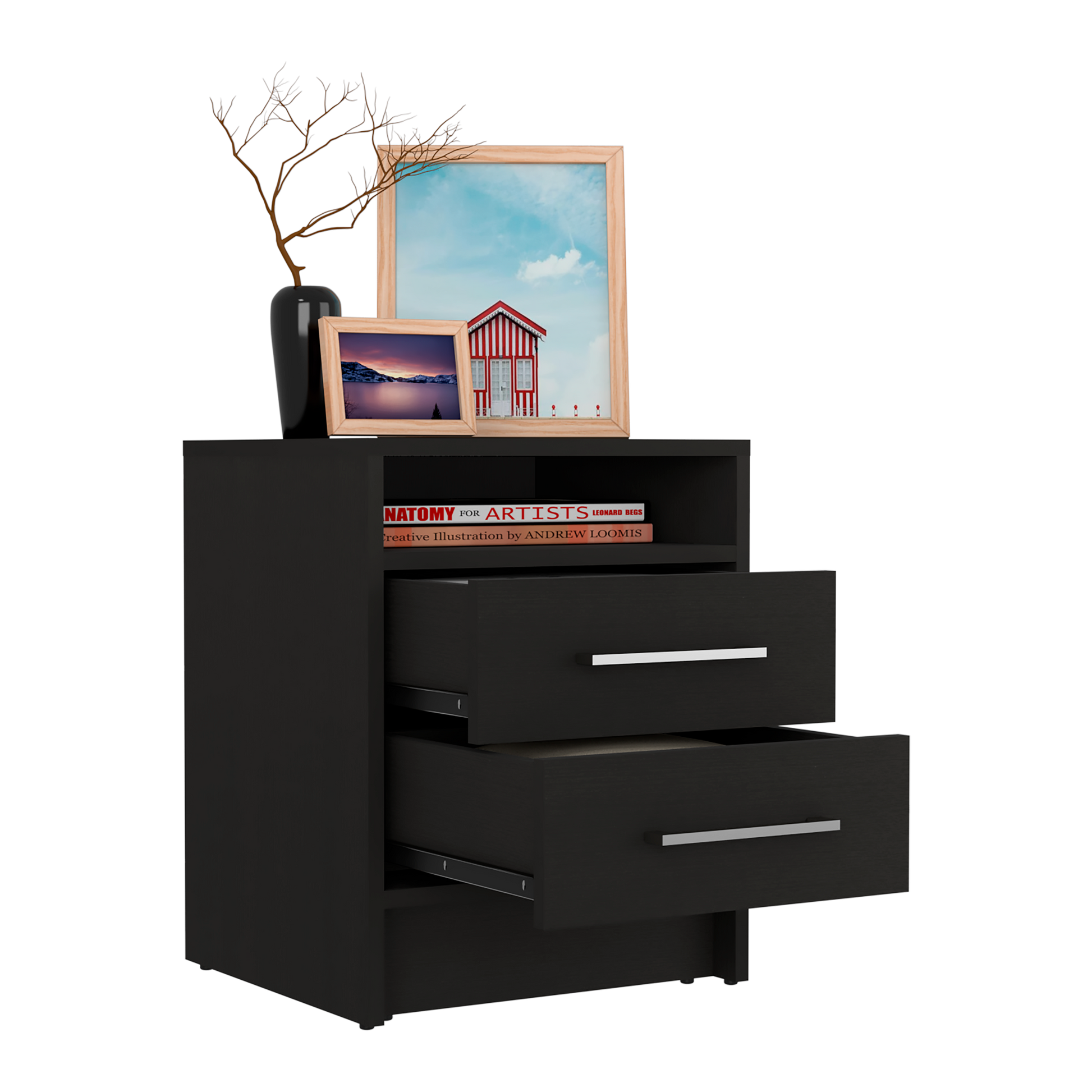 Modern black nightstand with two drawers and silver handles perfect for bedroom storage