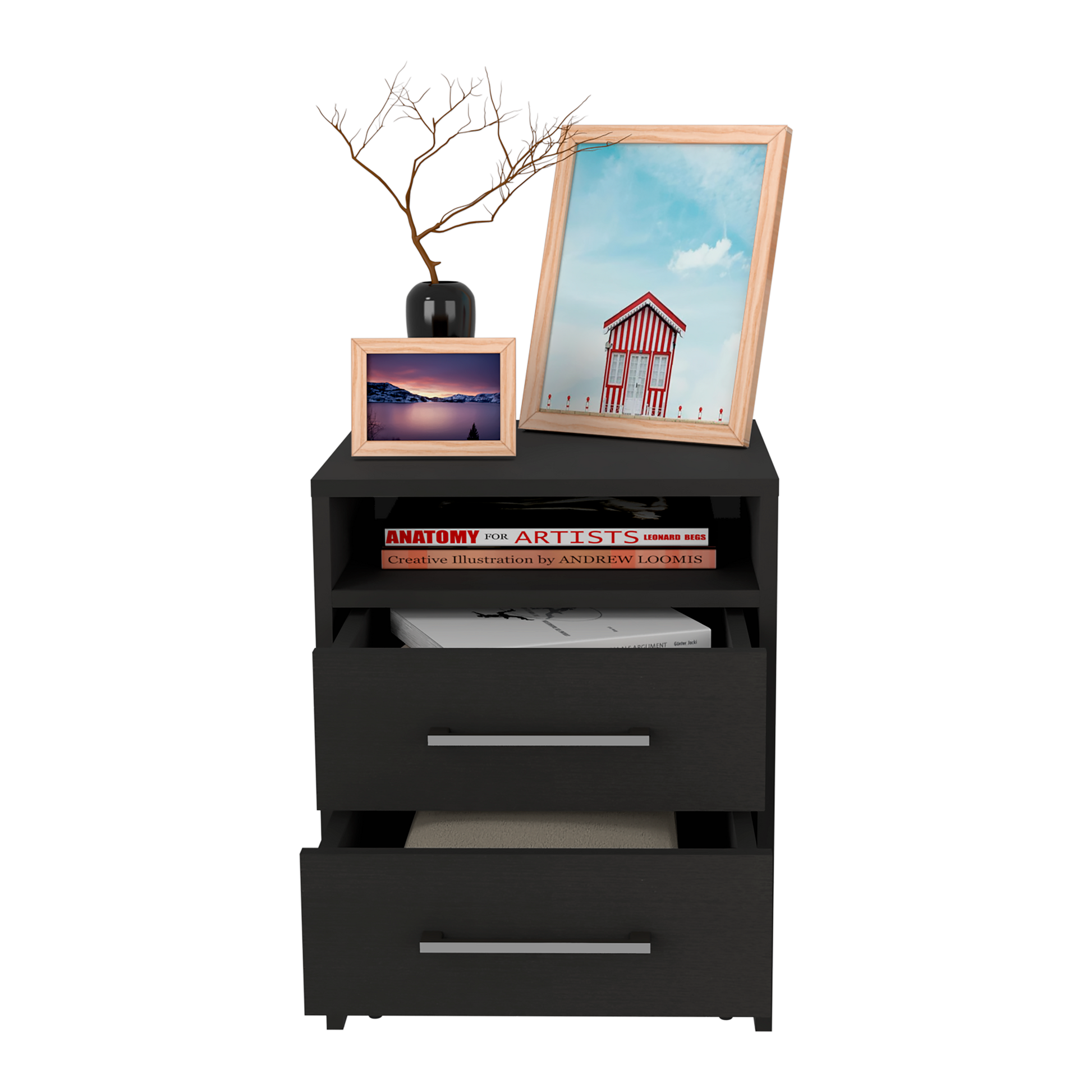 Black modern nightstand with two drawers and open shelf displaying art books and framed photos