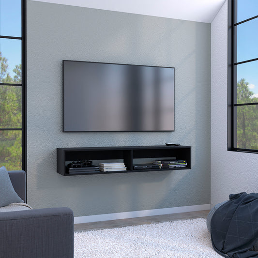 Modern black floating media console with two compartments storing consoles and books