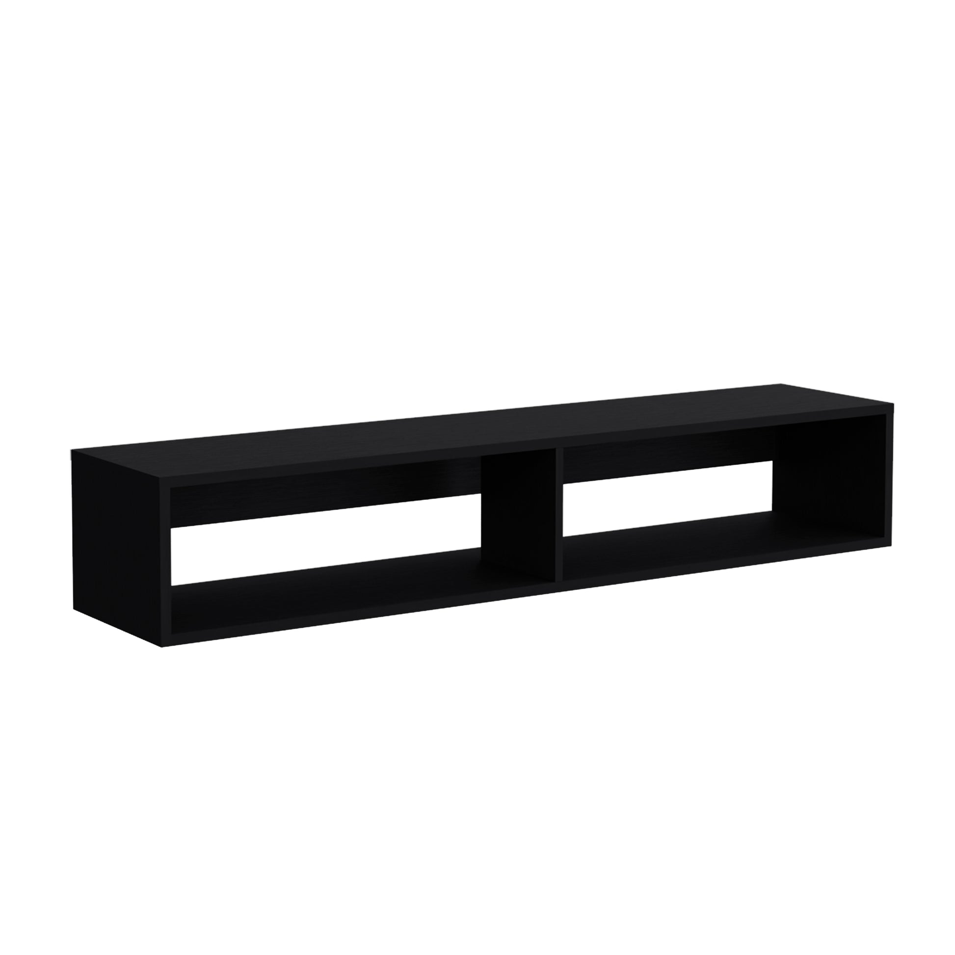 Sleek black wallmounted TV stand with two open compartments ideal for modern living rooms