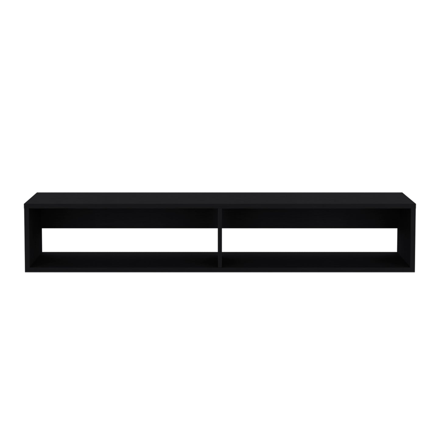 Sleek black wallmounted shelf with two open compartments perfect for modern media consoles
