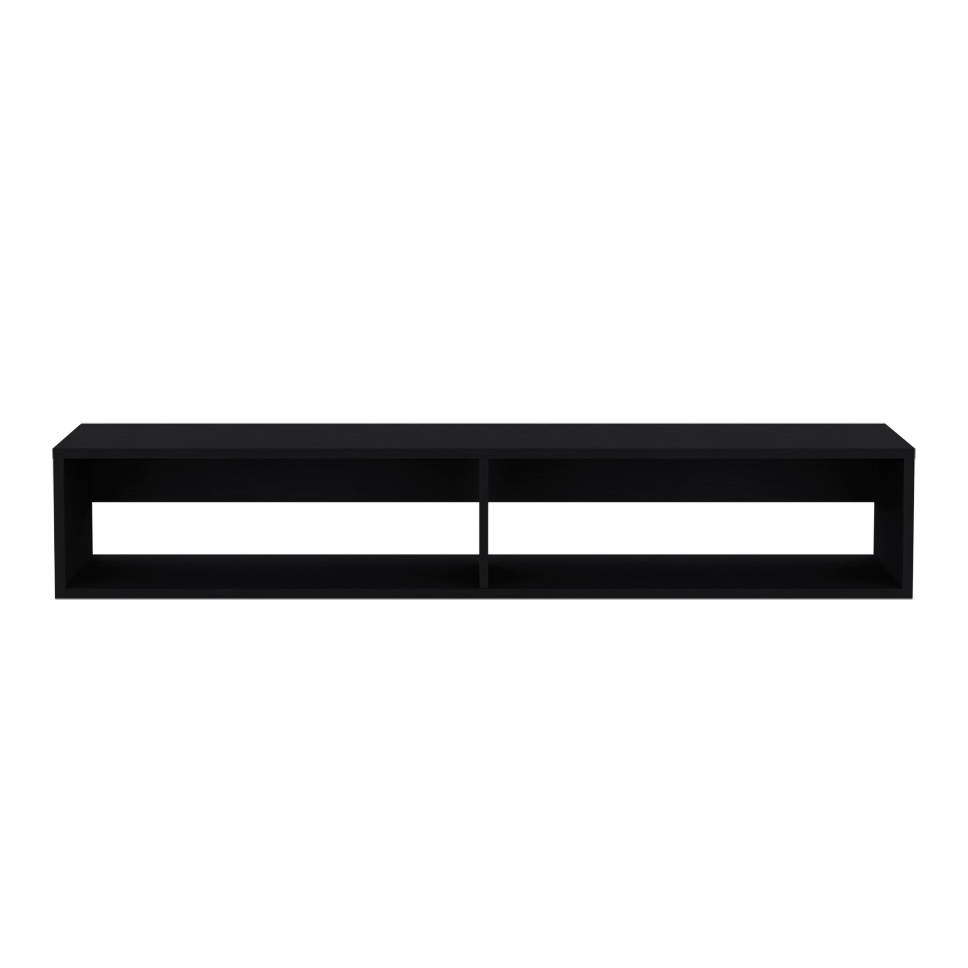 Sleek black wallmounted shelf with two open compartments perfect for modern media consoles