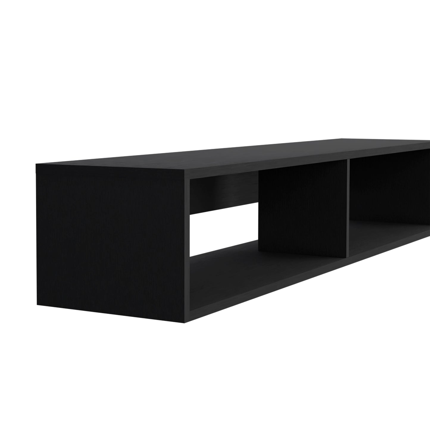 Sleek black minimalist media console with two open compartments perfect for modern living rooms