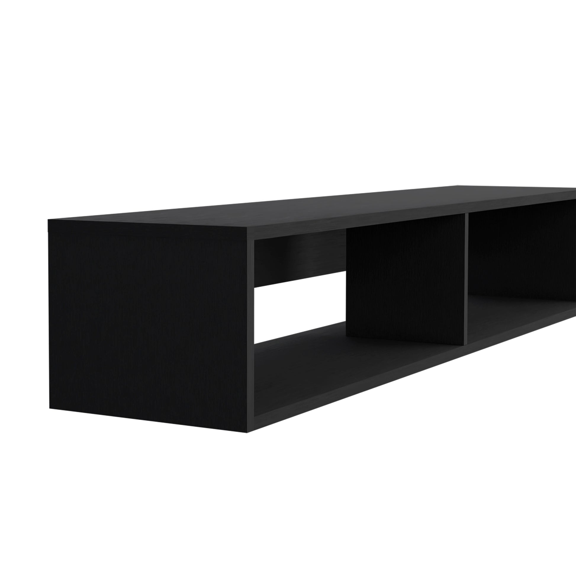 Sleek black minimalist media console with two open compartments perfect for modern living rooms