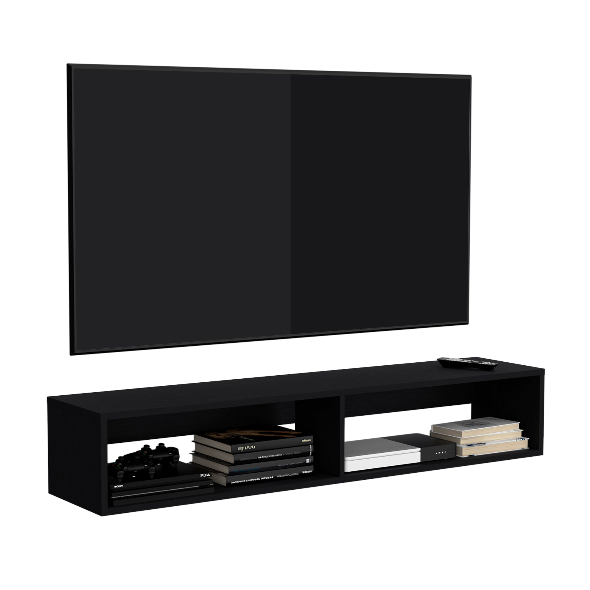 Black wallmounted entertainment center with dual compartments and sleek shelving for media devices and decor