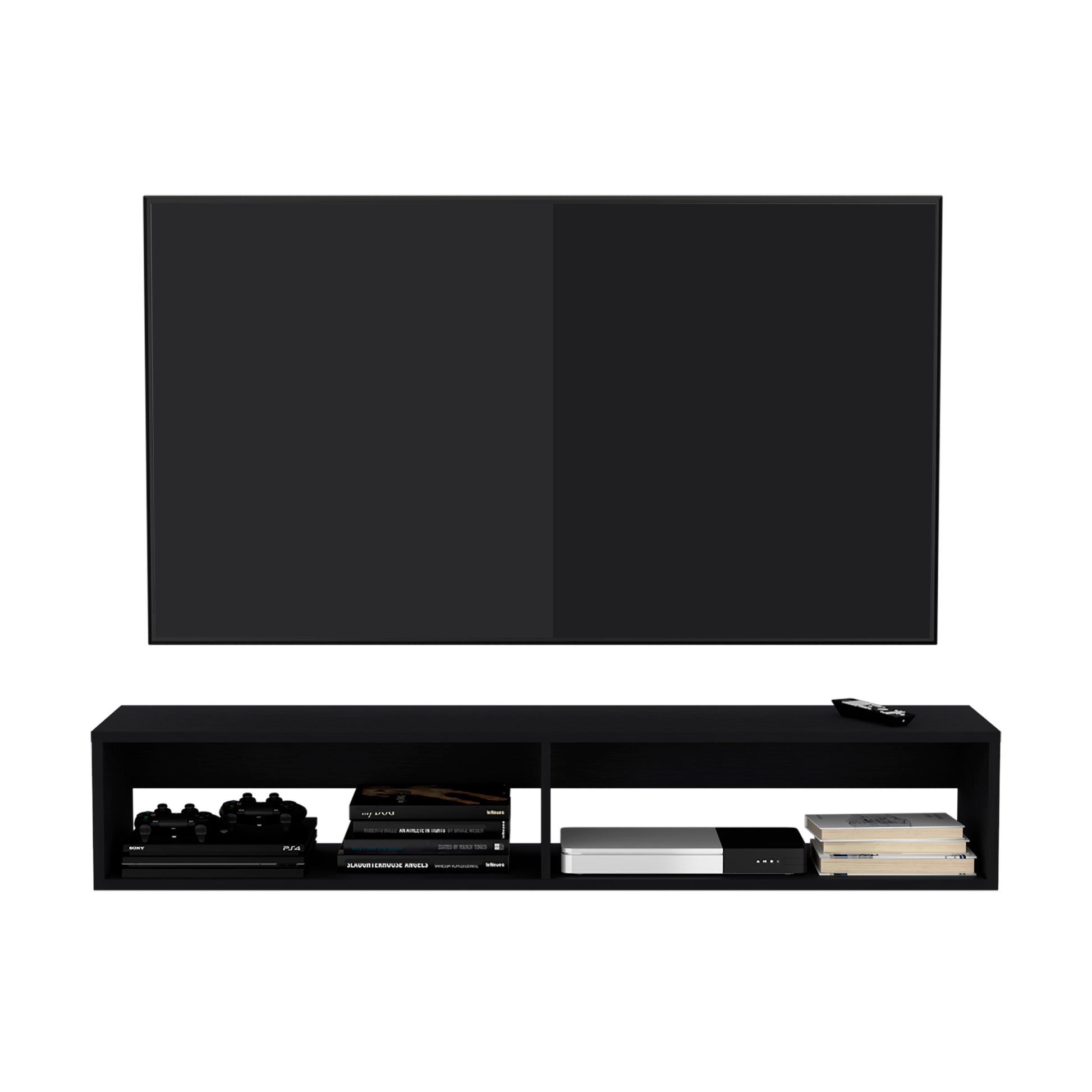 Modern black floating tv stand with dual compartments holding game consoles and books