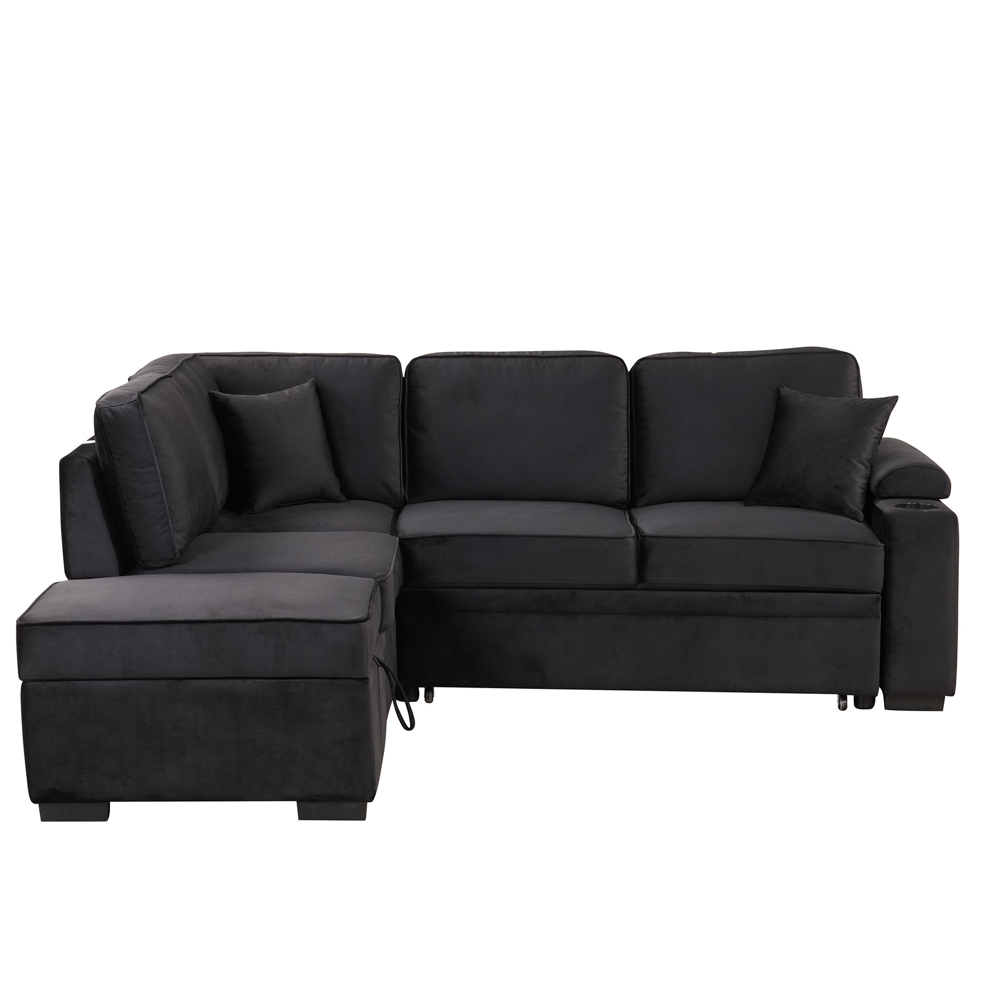 Black velvet sectional sofa with chaise and storage