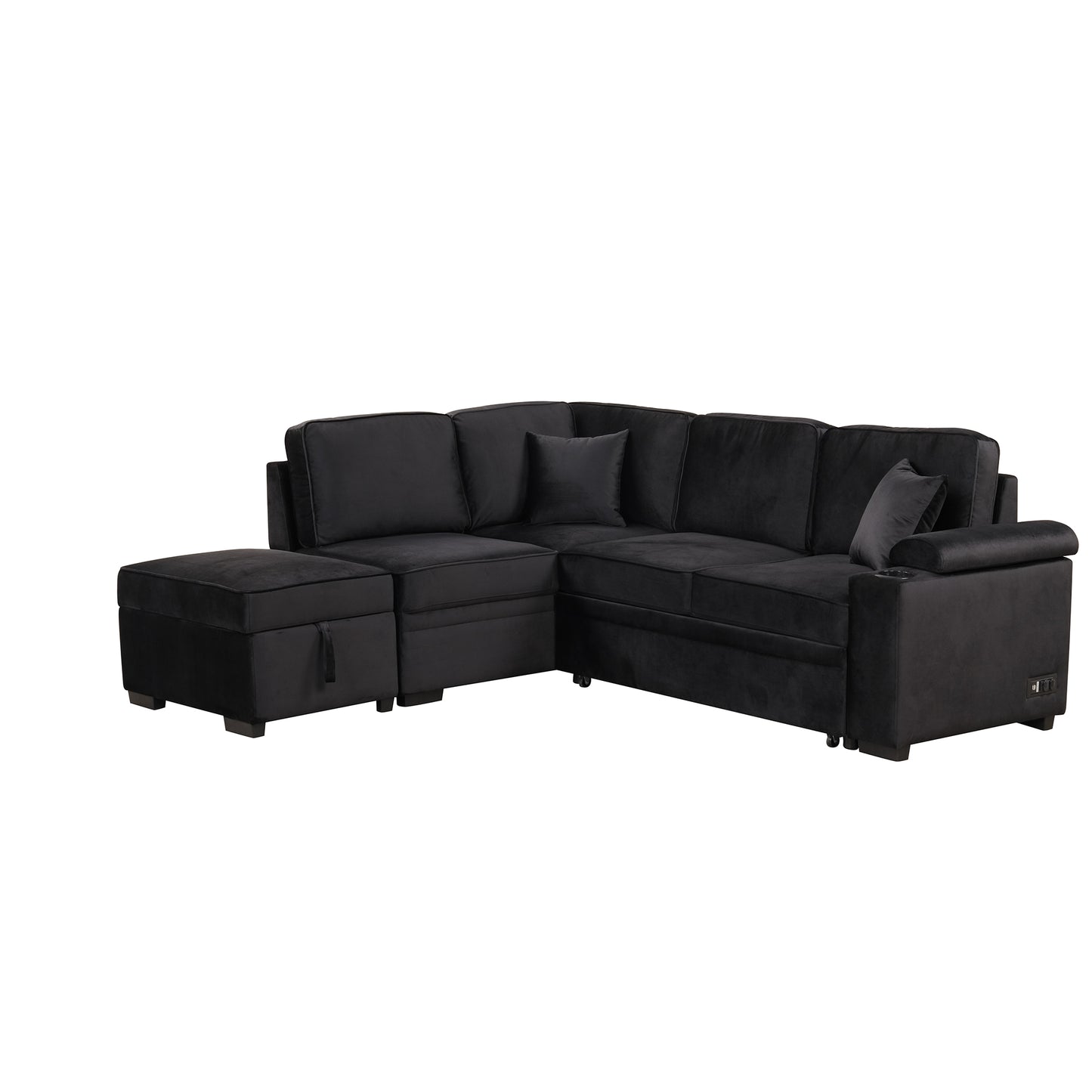 Plush black velvet sectional sofa with chaise and storage ottoman for modern living rooms