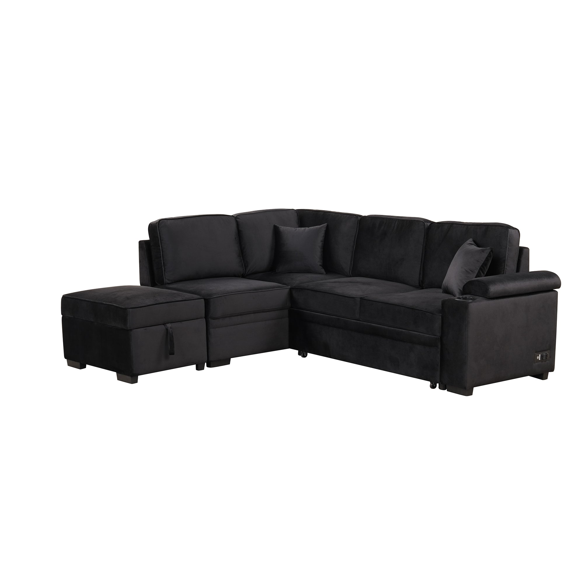 Plush black velvet sectional sofa with chaise and storage ottoman for modern living rooms