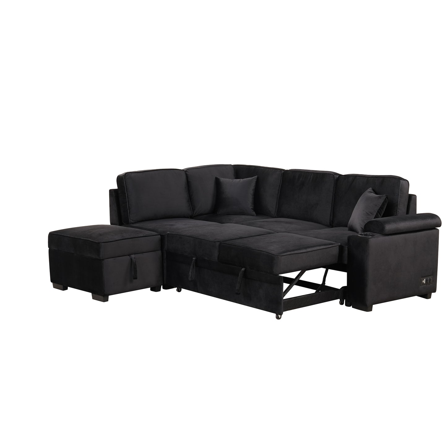 Black velvet sectional sofa bed with storage ottoman and pullout mattress