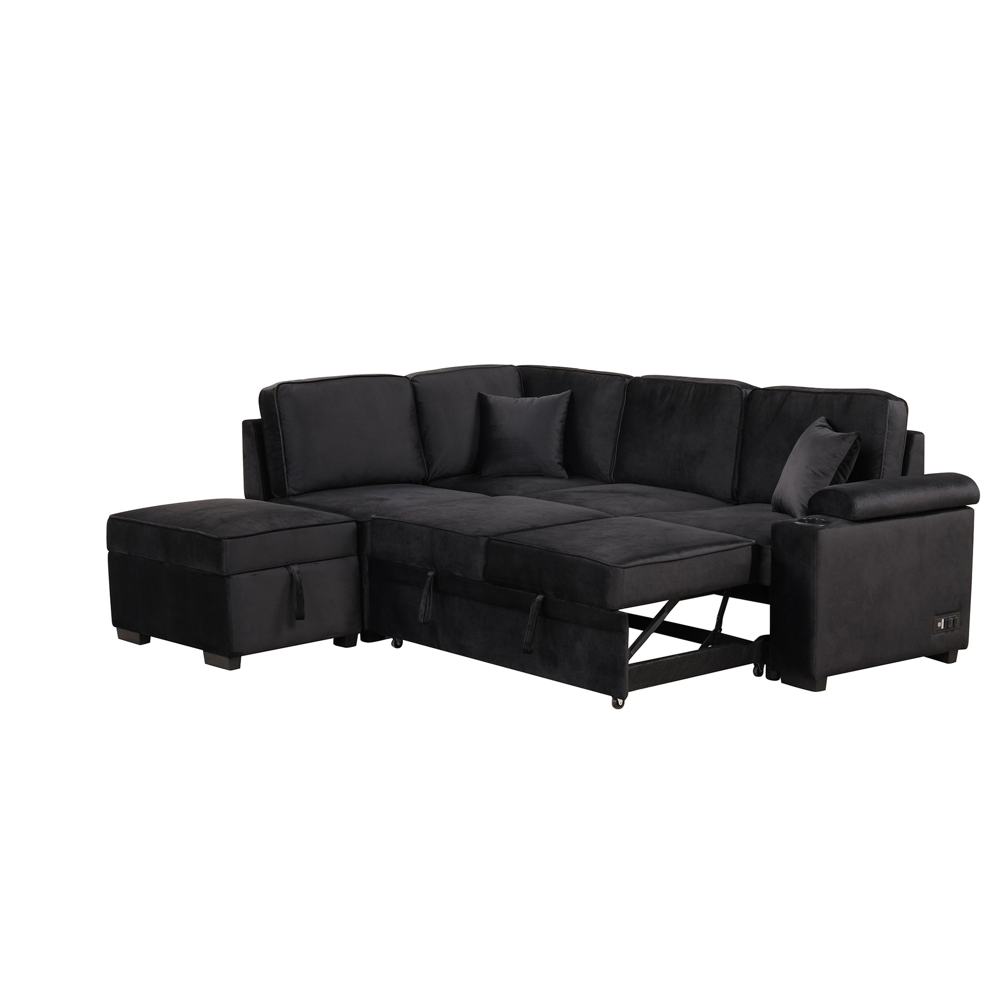 Black velvet sectional sofa bed with storage ottoman and pullout mattress