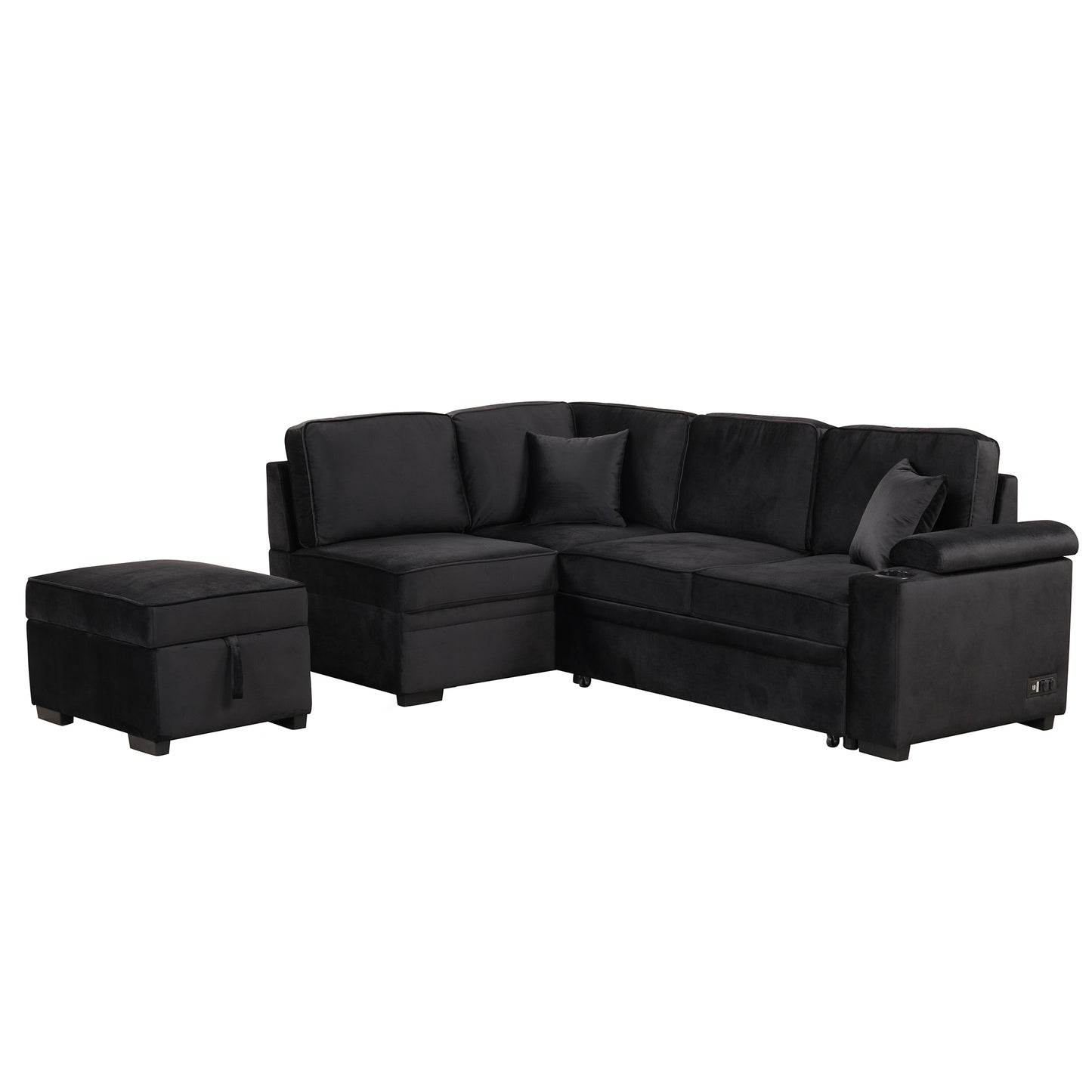 Black velvet sectional sofa with ottoman modern design comfort and storage